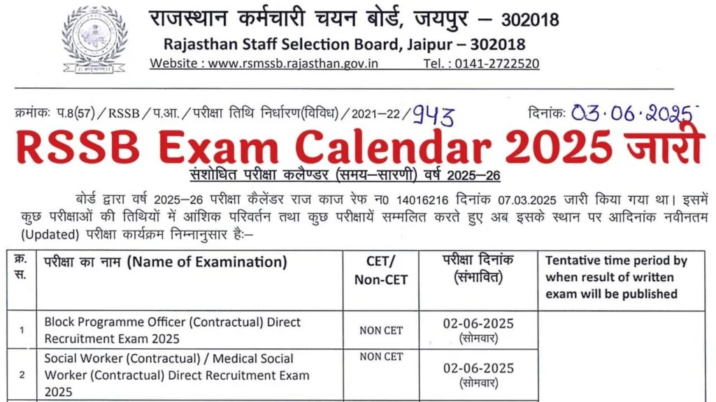 RSSB Exam Calendar